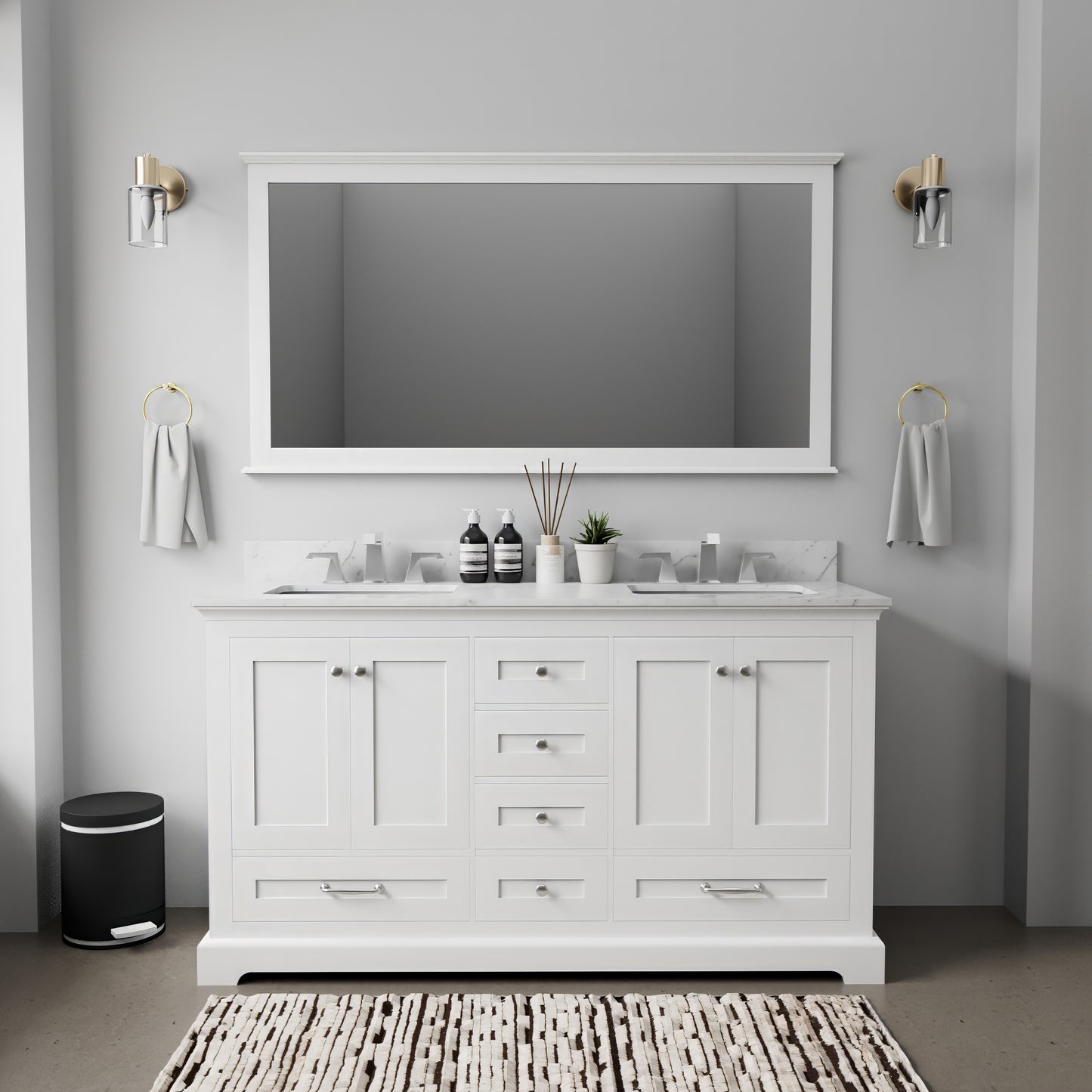 White Double Bath Vanity 60 in. W x 22 in. D, and 58 in. Mirror