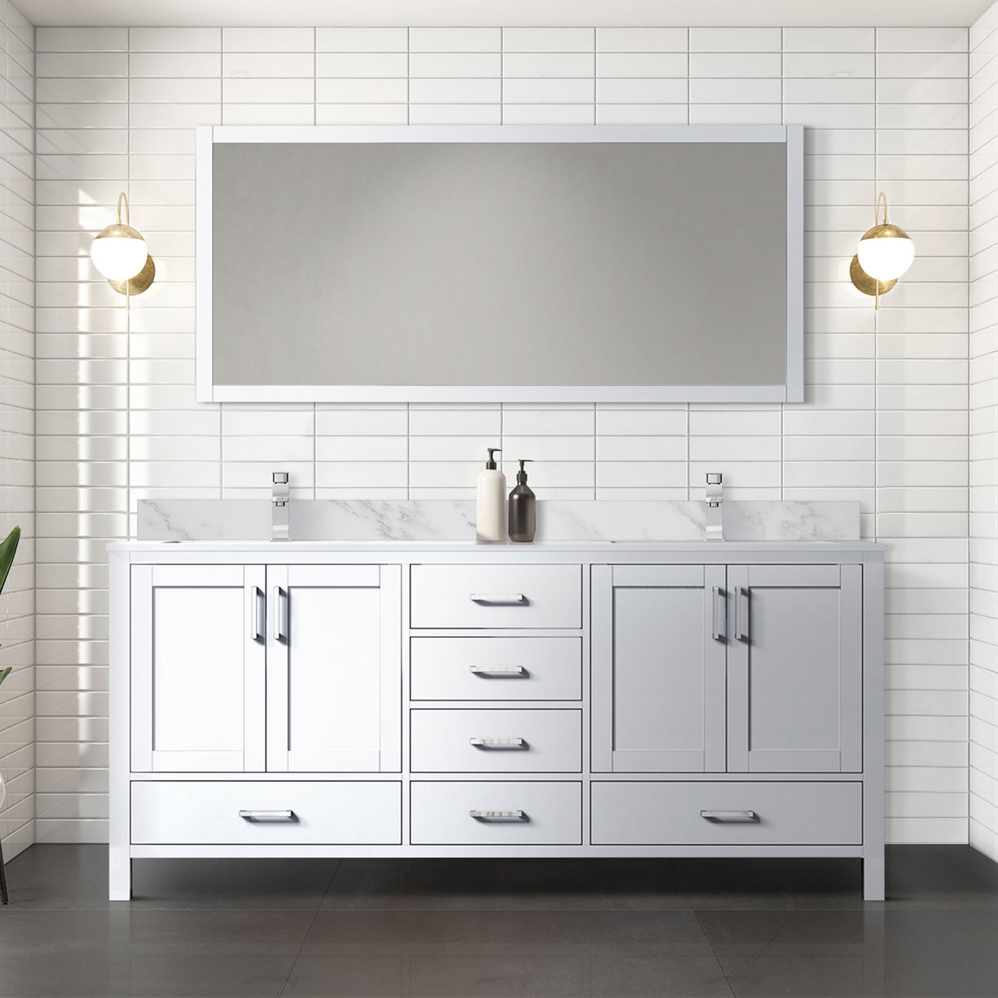 White Double Bath Vanity 72 in. W x 22 in. D, and 28 in. Mirror