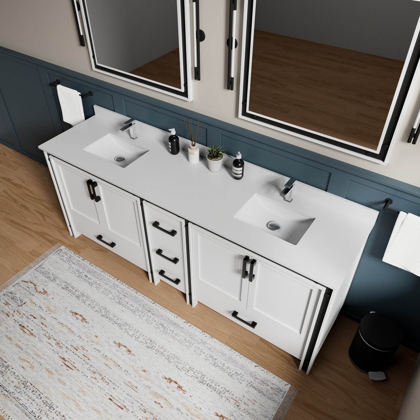 White Bathroom Vanity with Two Cabinets & Mirrors