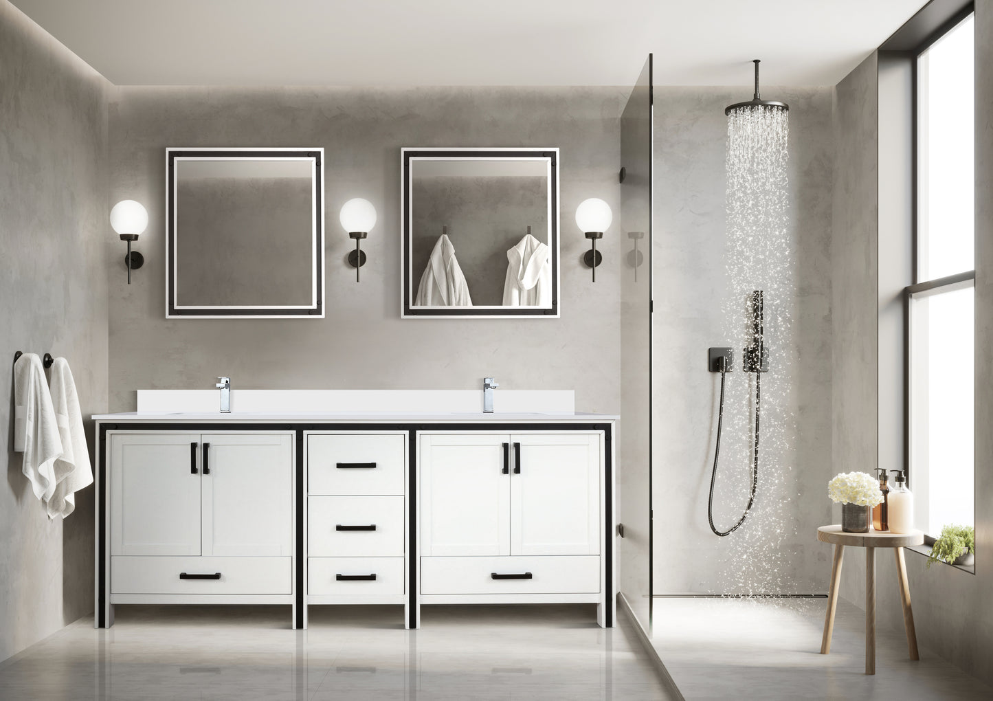 White Double Bath Vanity 84 in. W x 22 in. D, and 34 in. Mirrors