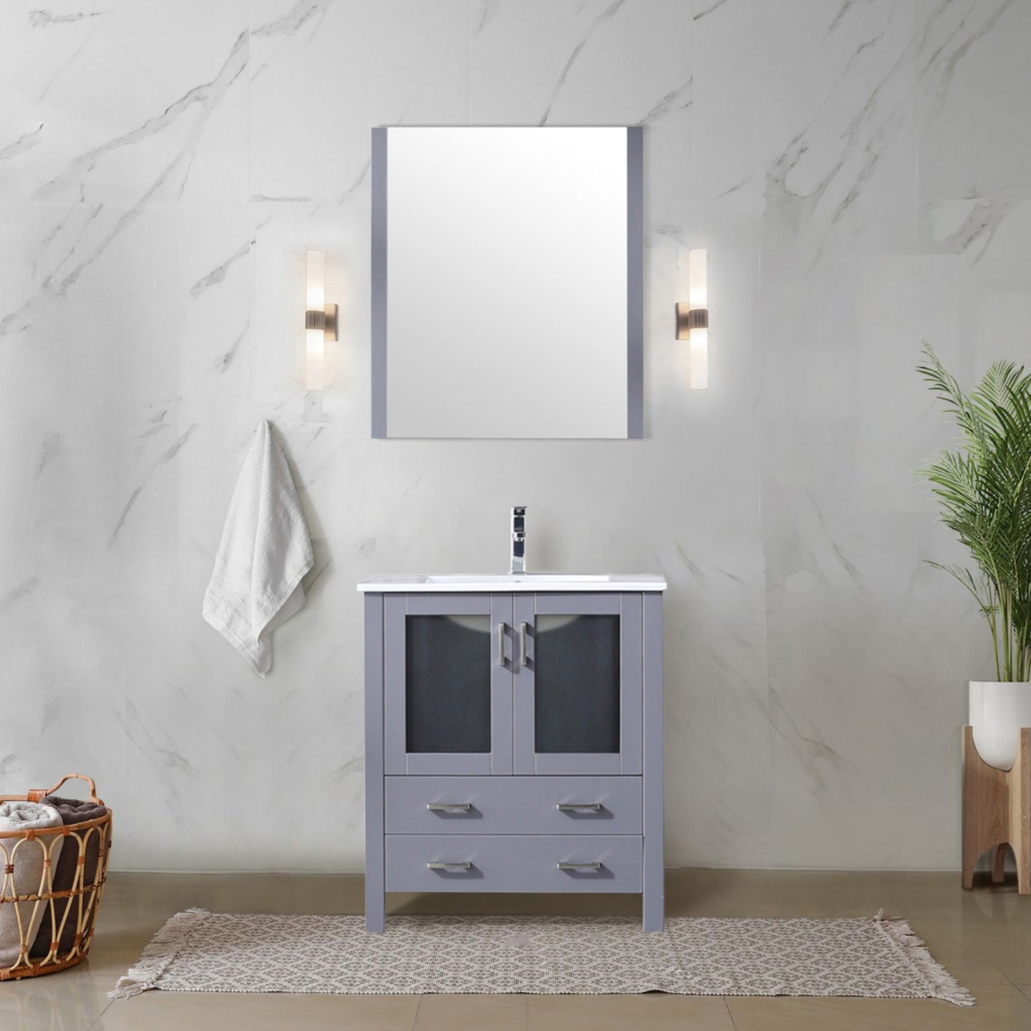 Dark Grey Bath Vanity 30 in. W x 18.25 in. D, White Ceramic Top, Faucet Set, and 28 in. Mirror