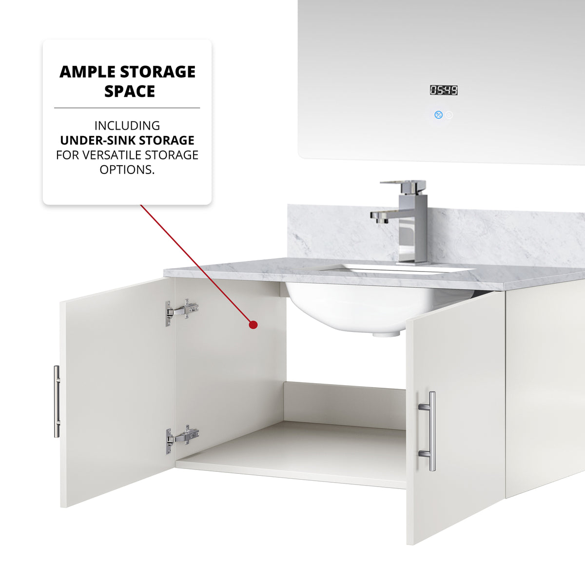 Glossy White Bath Vanity with Marble Top & Mirror for Bathroom