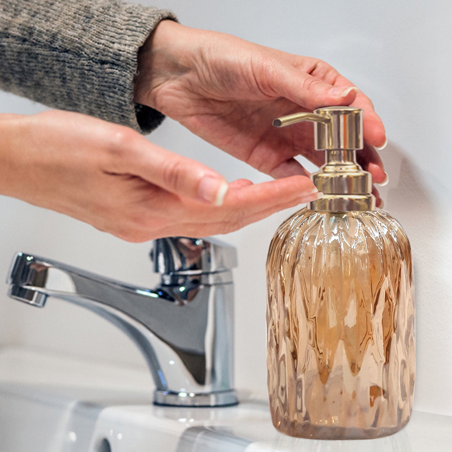 Glass Liquid Soap Dispenser Pump Bottle Bathroom Vanity & Kitchen Sink,Holds Soap,Lotion & Sanitizer Amber