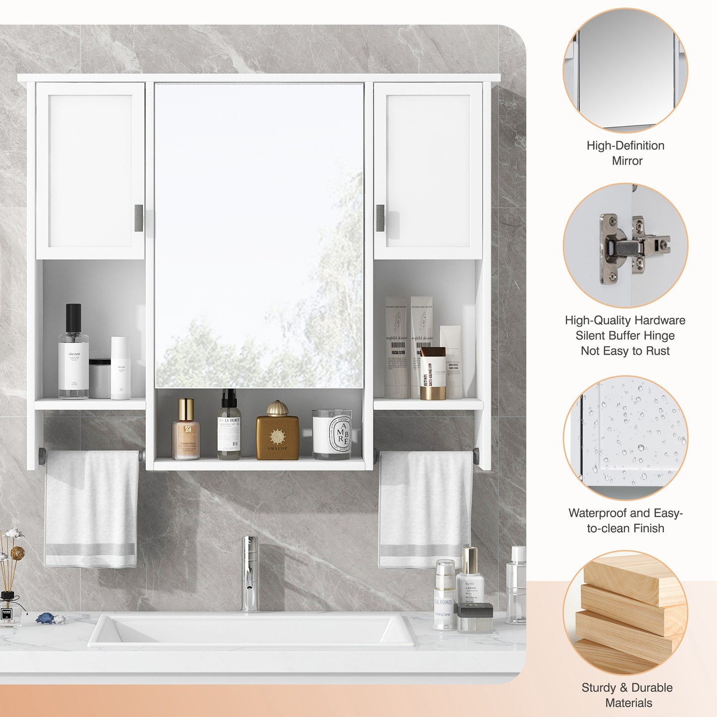 White MDF Bathroom Storage Cabinet with Mirror - Wall Mounted