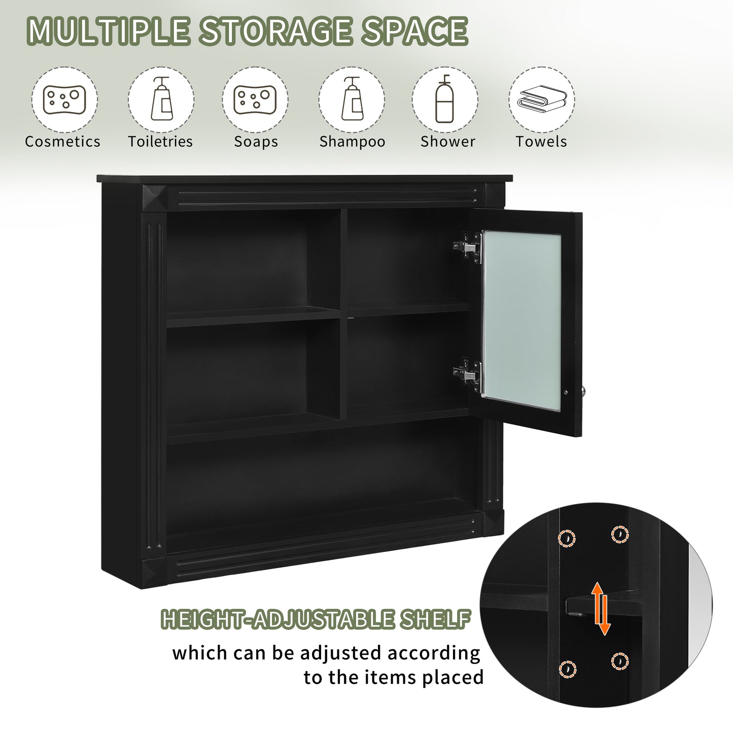 Black Bathroom Storage Cabinet with Mirror - Wall Mounted Medicine Cabinet