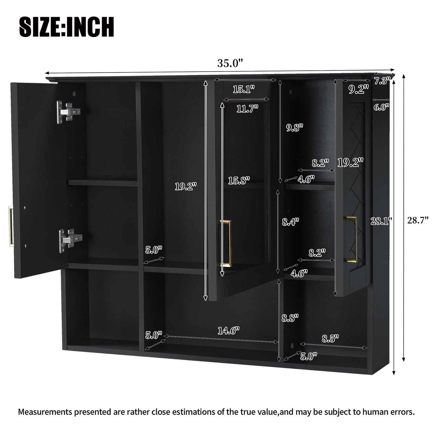 Black Wall Mounted Mirror Cabinet - 35" with Adjustable Shelves for Bathroom