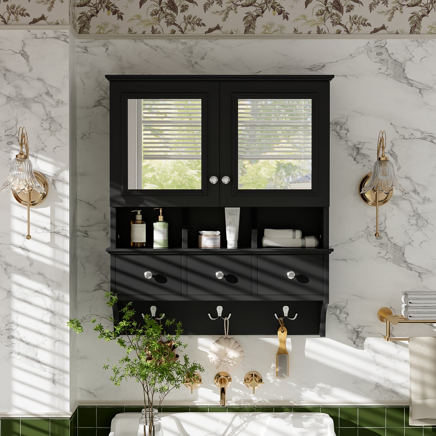 4-in-1 Bathroom Mirror Cabinet, 24-inch Wall Mounted Medicine Cabinet with Drawers & Organizer Hooks, High-Define Mirrors with Storage for Bathroom Vanity