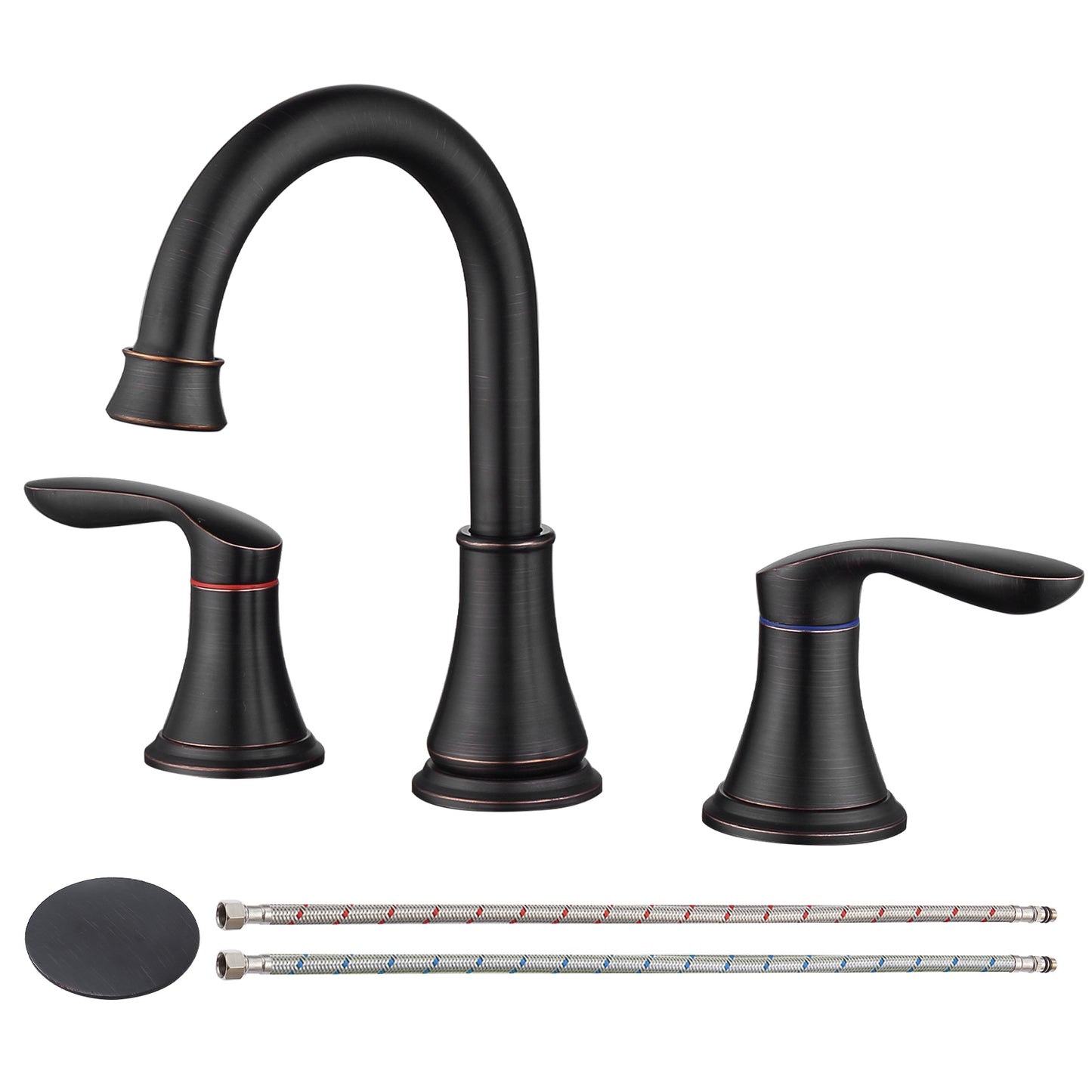 2-Handle 8 inch Widespread Bathroom Sink Faucet Oil-Rubbed Bronze Lavatory Faucet 3 Hole 360° Swivel Spout Vanity Sink Basin Faucets with Pop Up Drain Assembly and cUPC Water Supply Hoses