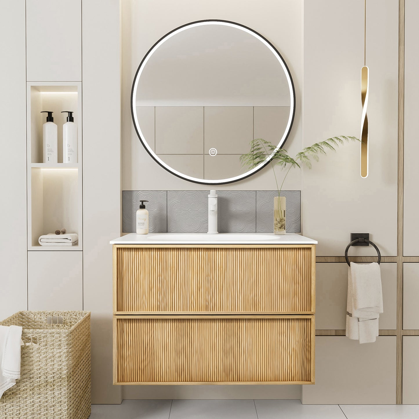 32-Inch Floating Bathroom Vanity with Sink, Pre-assembled, Natural Oak Fluted Front, Multi-Layer Solid Wood, Wall-Mounted, White Stone Top, 2 Soft-Close Drawers