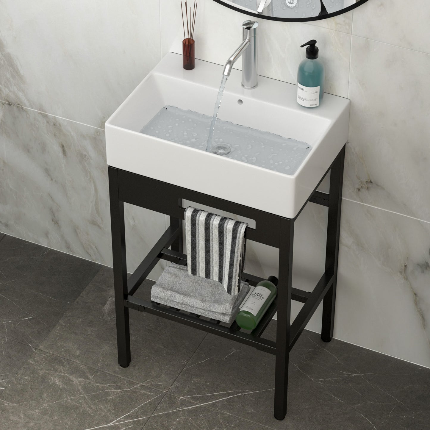 24" x 16.75" Bathroom Ceramic Console Sink with Overflow & Black Legs