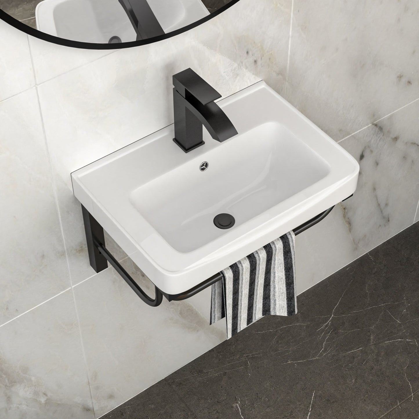 19.88"x14.25" Wall-Mounted Rectangular Ceramic Bathroom Sink with Black Towel Bar & Overflow