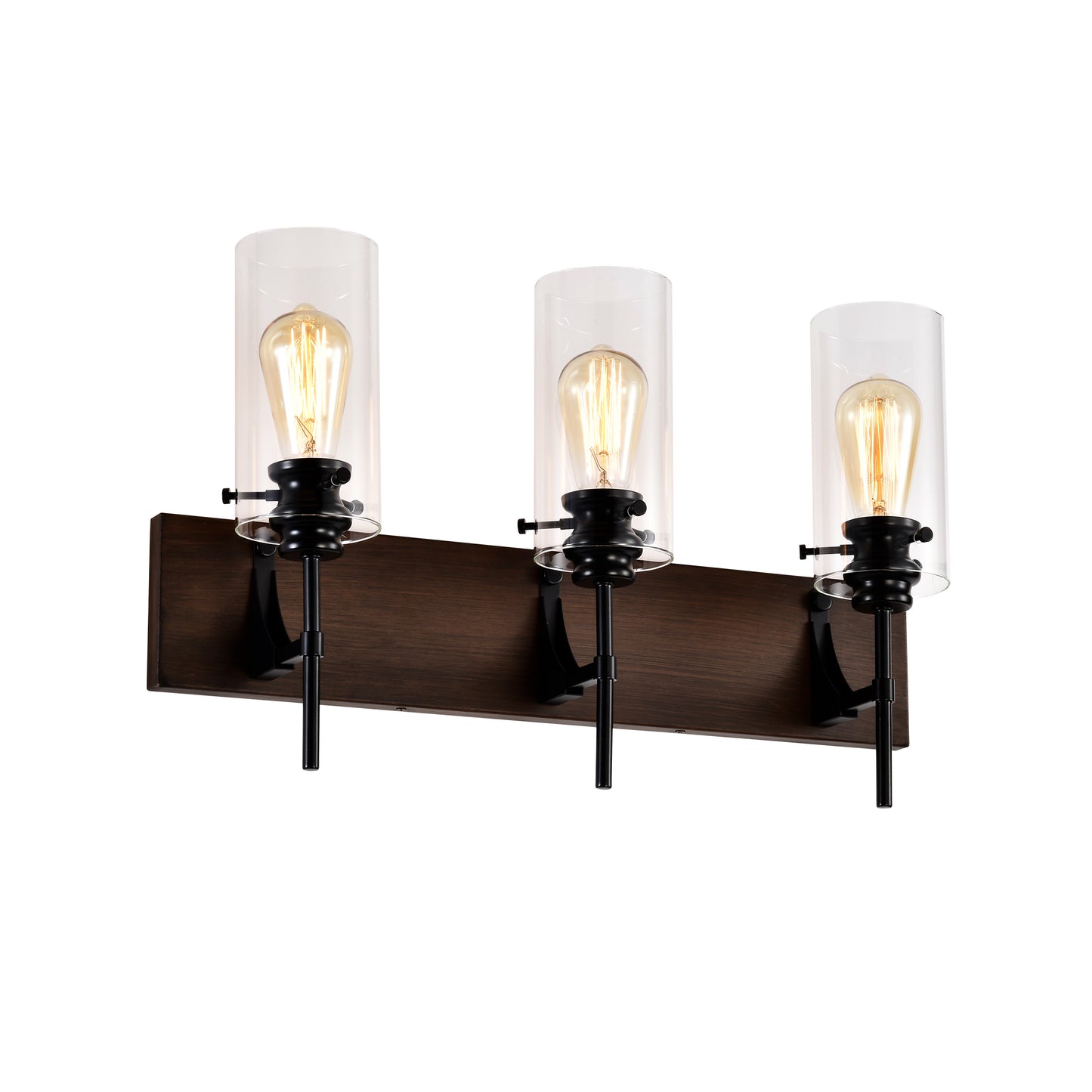 3-Light Matte Black + Wood Color Bathroom Light Fixtures, Modern Vanity Lights with Glass Shade, Vintage Light Fixture Bathroom Over Mirror Wall Lights for Kitchen Dinning Room Bedroom Hallway