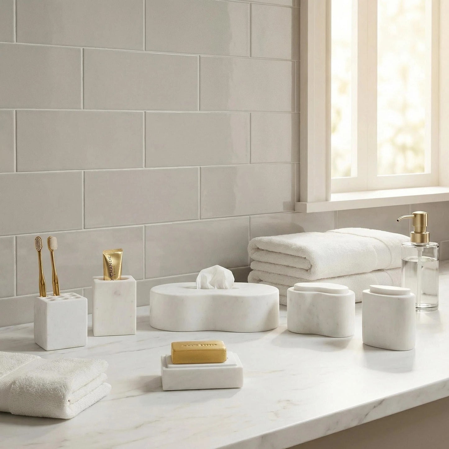 White natural marble bathroom vanity set, 6-piece marble bathroom accessories set, natural stone, genuine marble, real marble