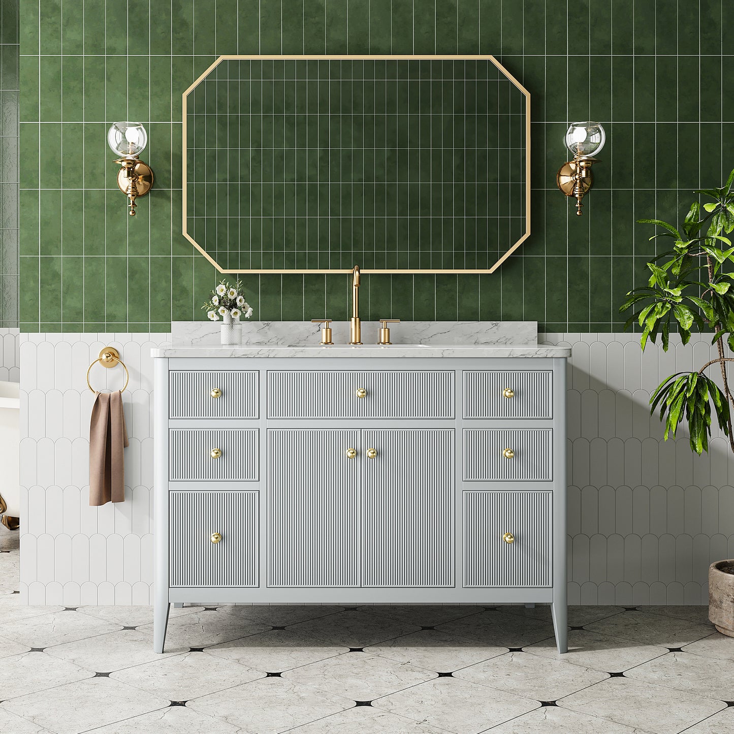 Fully Assembled 48'' Grey Freestanding Single Sink Bathroom Vanity with Solid Wood Construction and Engineered Marble Top