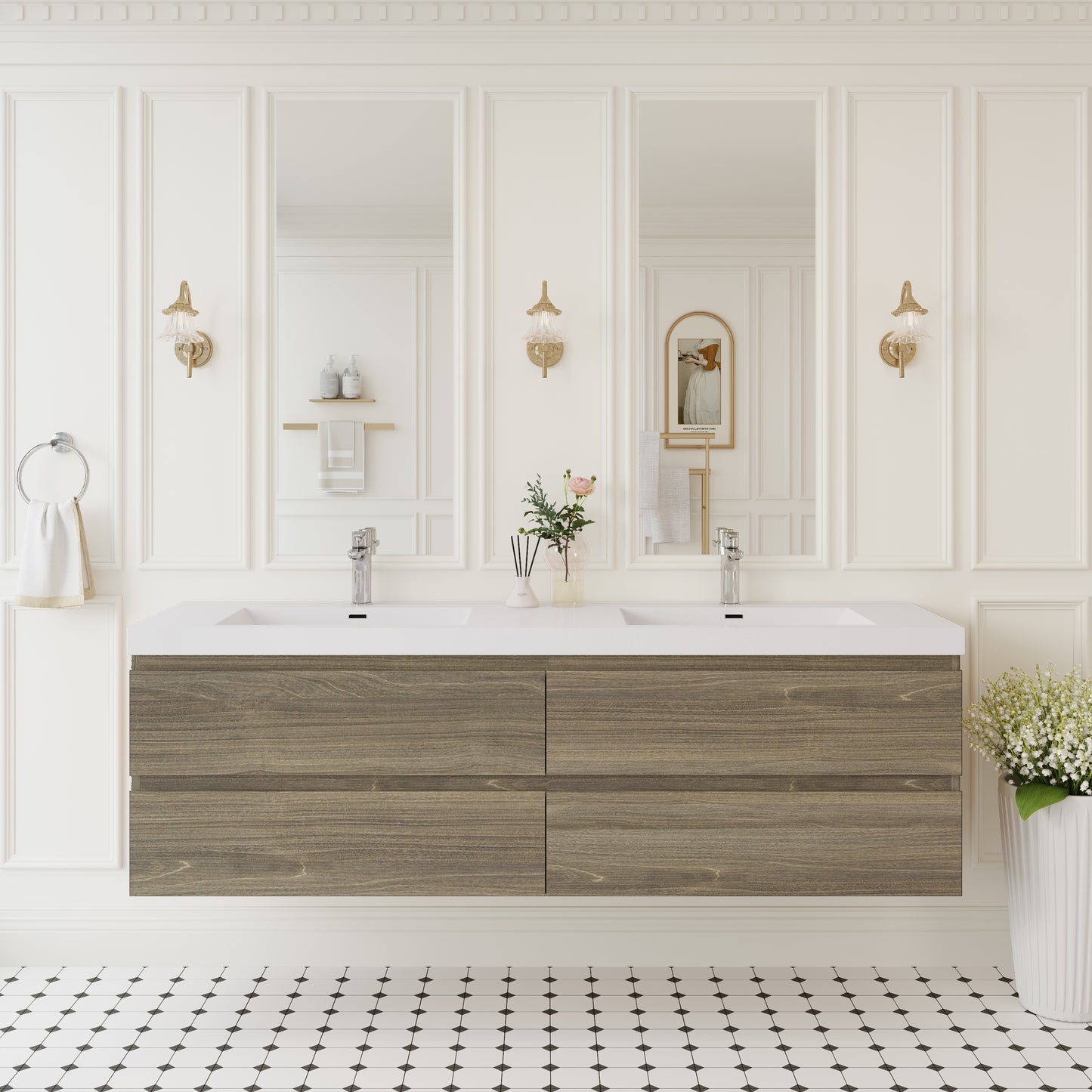 72" Floating Bathroom Vanity with Sink, Modern Wall-Mounted Bathroom Storage Vanity Cabinet with Solid Surface Top Basin, Two Sinks Four Soft Close Drawers, Ash Grey GF-24V11-72AG-W1573P152709
