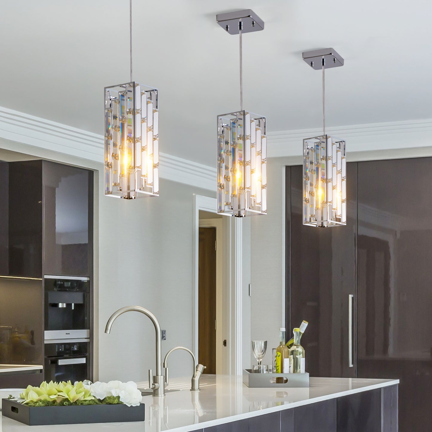 4" Modern Crystal Pendant Light - 3 Pack, Adjustable Hanging Ceiling Lamp with Crystal Prism Design for Dining Room, Kitchen Island, and Living Room -Chrome Finish