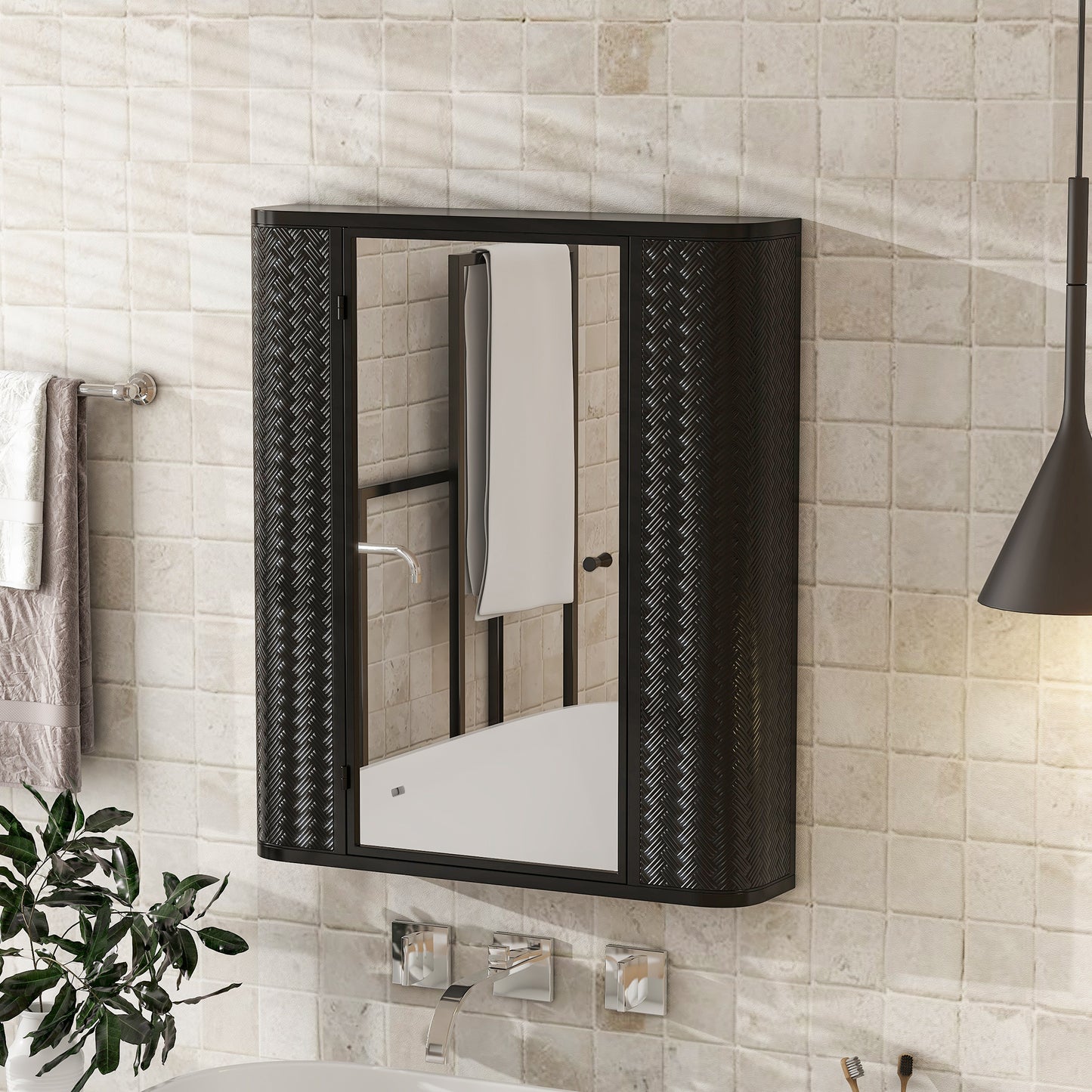 Wall-Mounted Bathroom Cabinet with Mirror, Metal Framed Mirrored Door Medicine Cabinet, 2 Inner Shelves for Storage, Modern Farmhouse Style, Over Toilet or Vanity Organizer