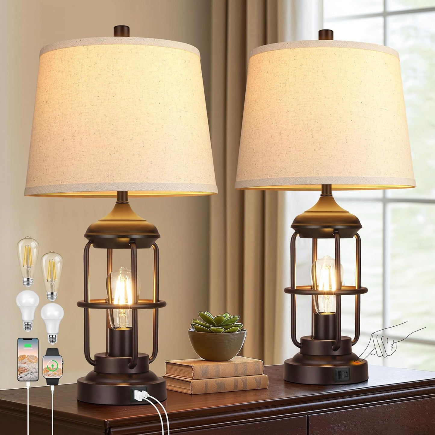Table Lamp Set of 2 with USB Ports, Touch Control 3-Way Dimmable Bedside Lamp with 2 LED Night Light, Farmhouse Rustic Nightstand Lamp for Living Room Bedroom Decor (2700K Bulbs Included)