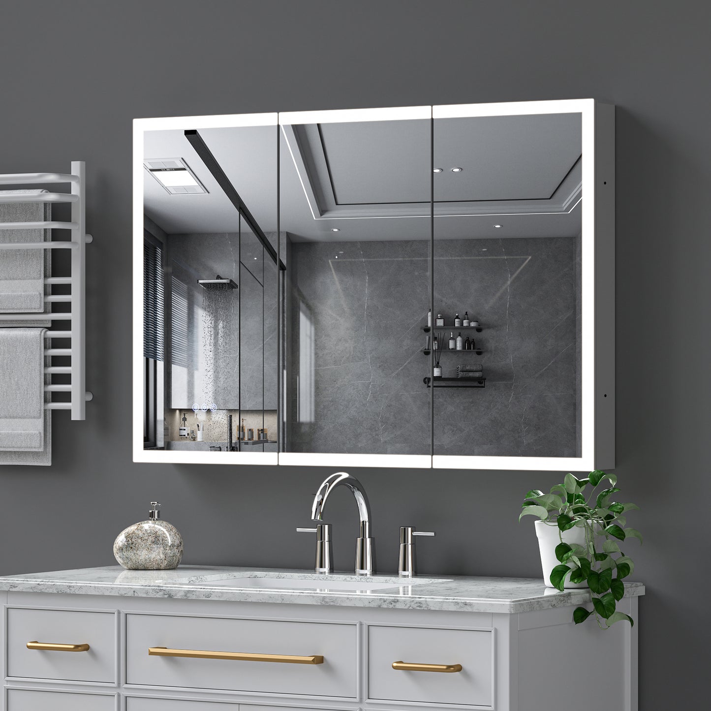 LED Lighted Medicine Cabinet with Mirror, 48*32Inches Bathroom Mirror Cabinet with Lights,Recessed or Wall Mounted, 3 Color TemperaturesAnti-Fog