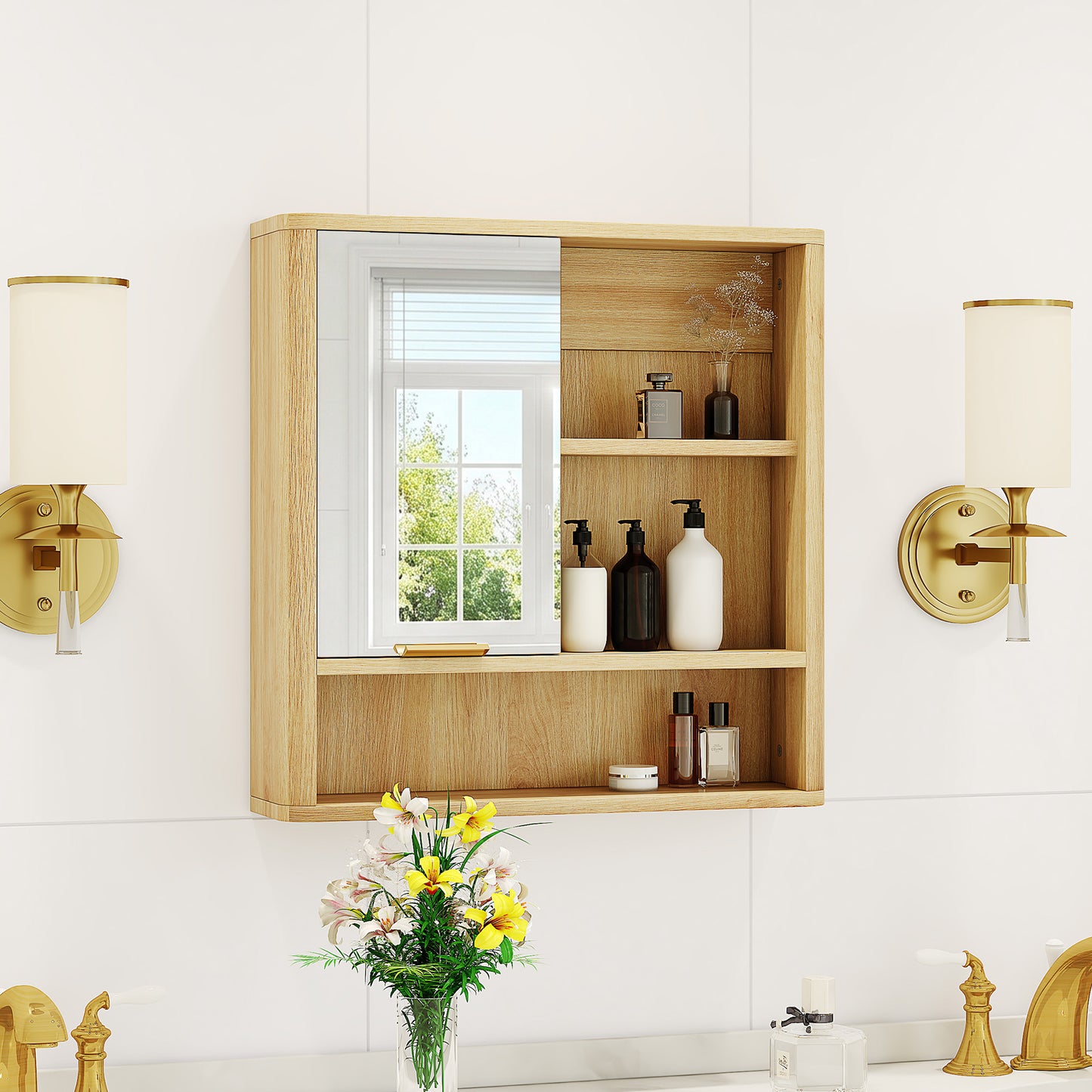 Wood Finish Wall Mounted Mirror Cabinet - Bathroom Storage