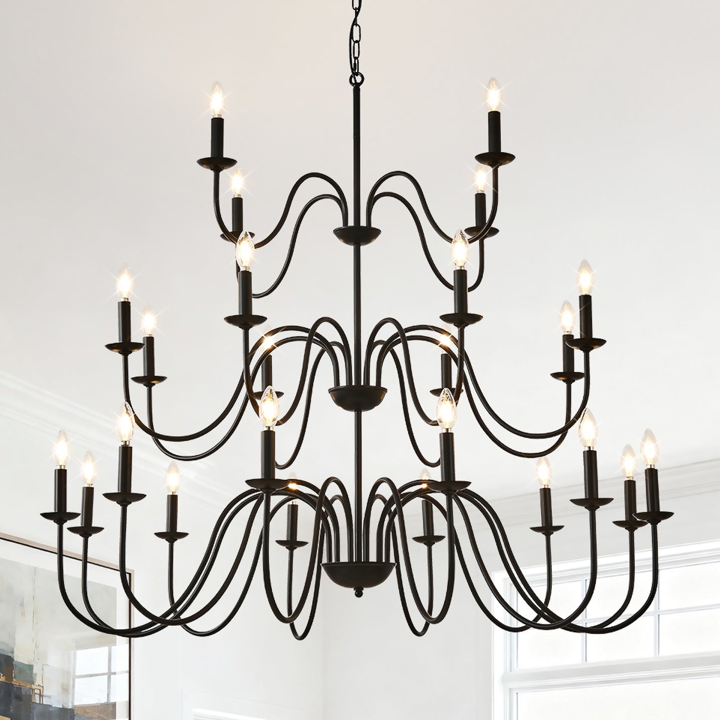 Farmhouse Chandelier, Black Metal Chandeliers Light Fixtures Industrial for High Ceiling Living Dining Room Foyer. Adjustable Height-E12