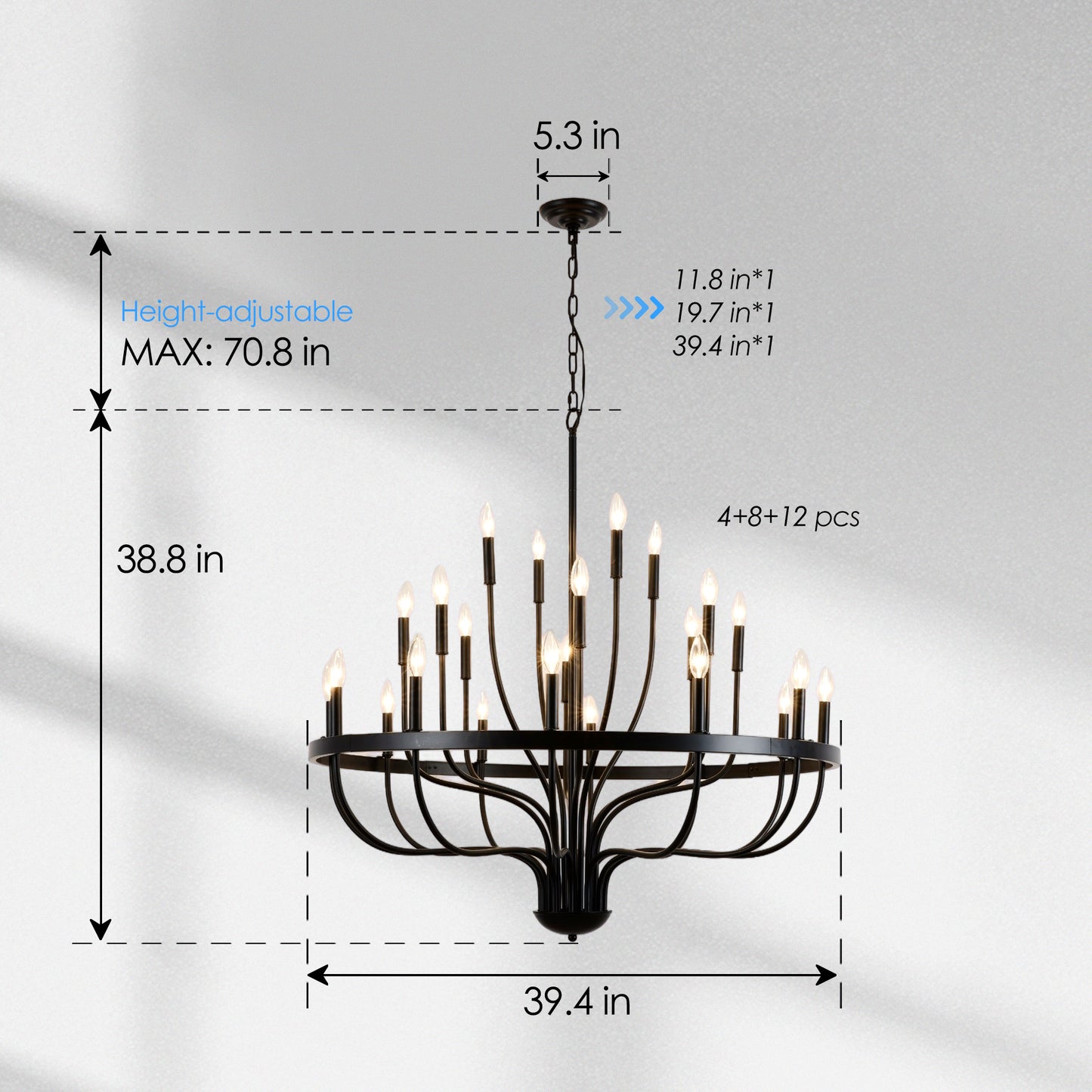 Large Black Metal Chandelier - Dining Room Pendant Light