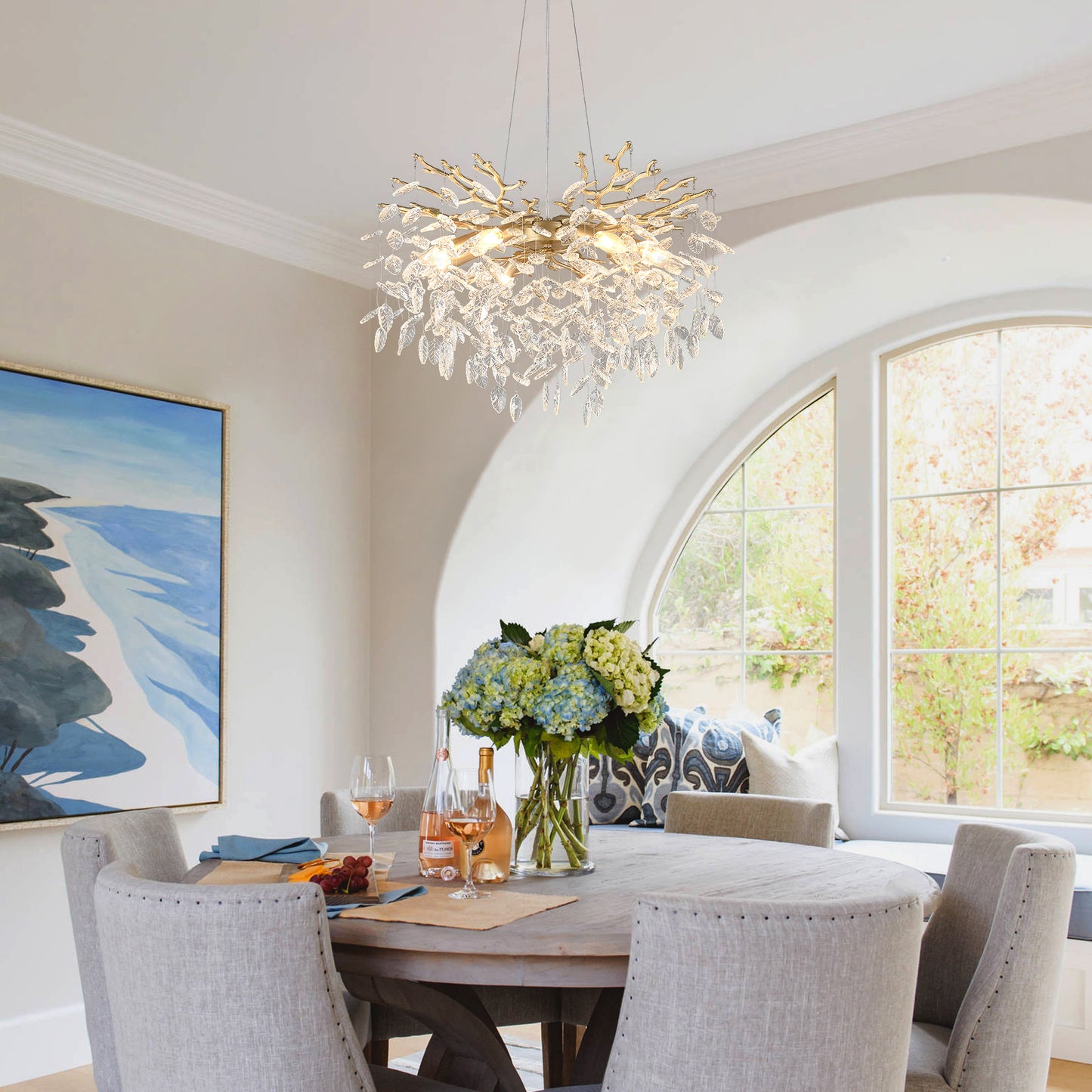 10-Light Chandelier Maple Leaf Crystal Ceiling Lamp, 10-Lights Modern Farmhouse Ceiling Ceiling Hanging Light Fixture , for Dining Room, Kitchen Island--NO INCLUDED BULBS--GOLD