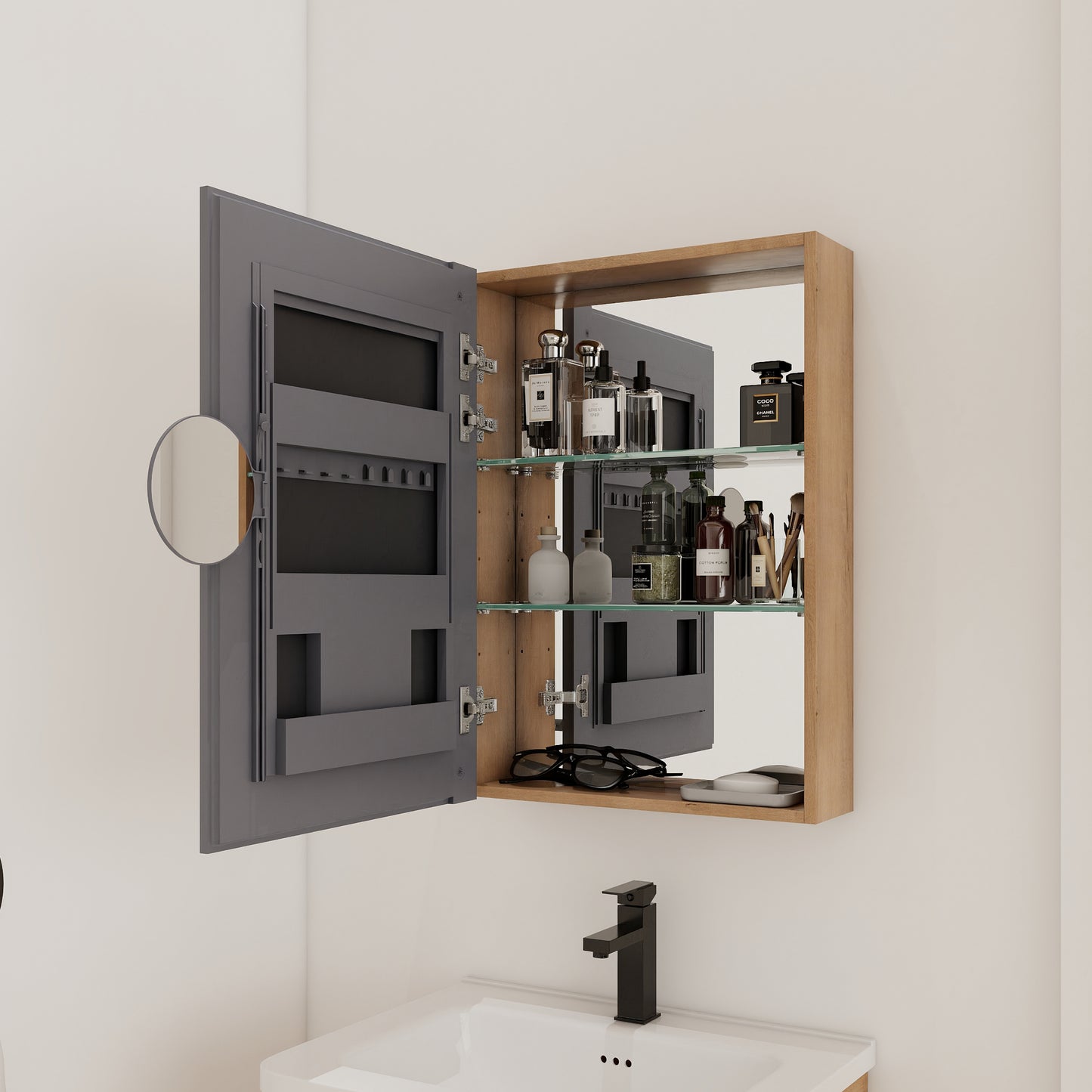 20'' Bathroom Mirror Cabinet with Storage,Wall Mounted Medicine Cabinet with Mirror Door,Adjustable Glass Shelves,Plywood(MC901BIMO)