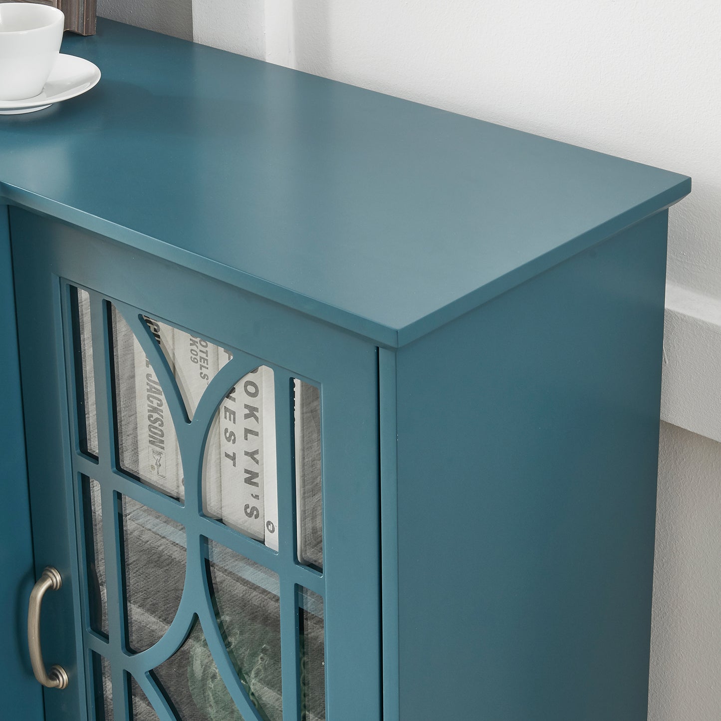 Teal Blue MDF Glass TV Stand Buffet Cabinet for Dining Room