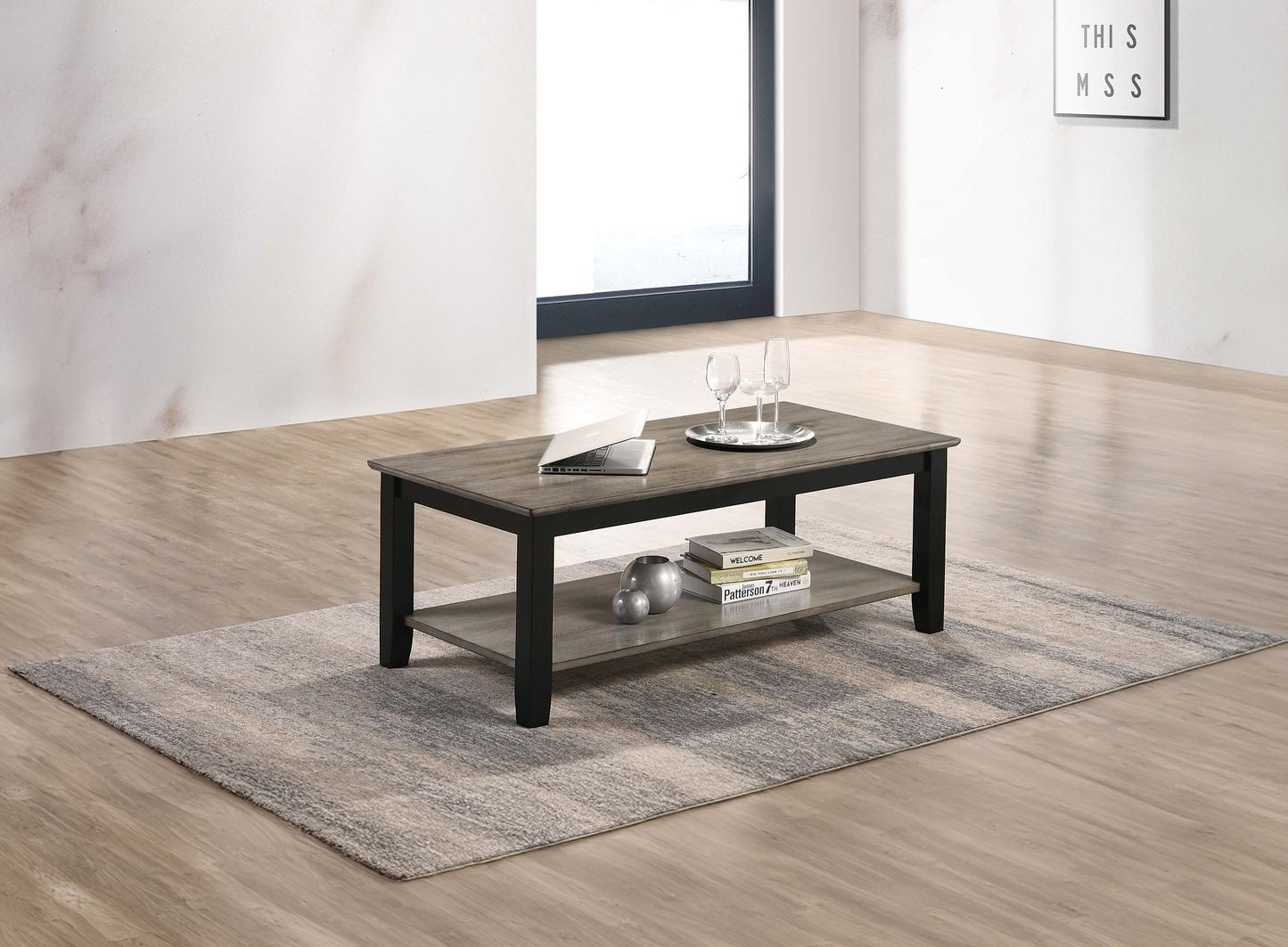 Gray And Black Two Tone Finish 1pc Coffee Table Under-Table Shelf Storage Living Room Rubberwood Walnut Veneer