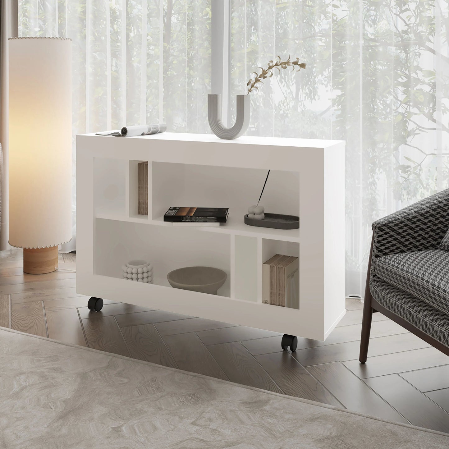 White Console Table in Melamine with Open Storage