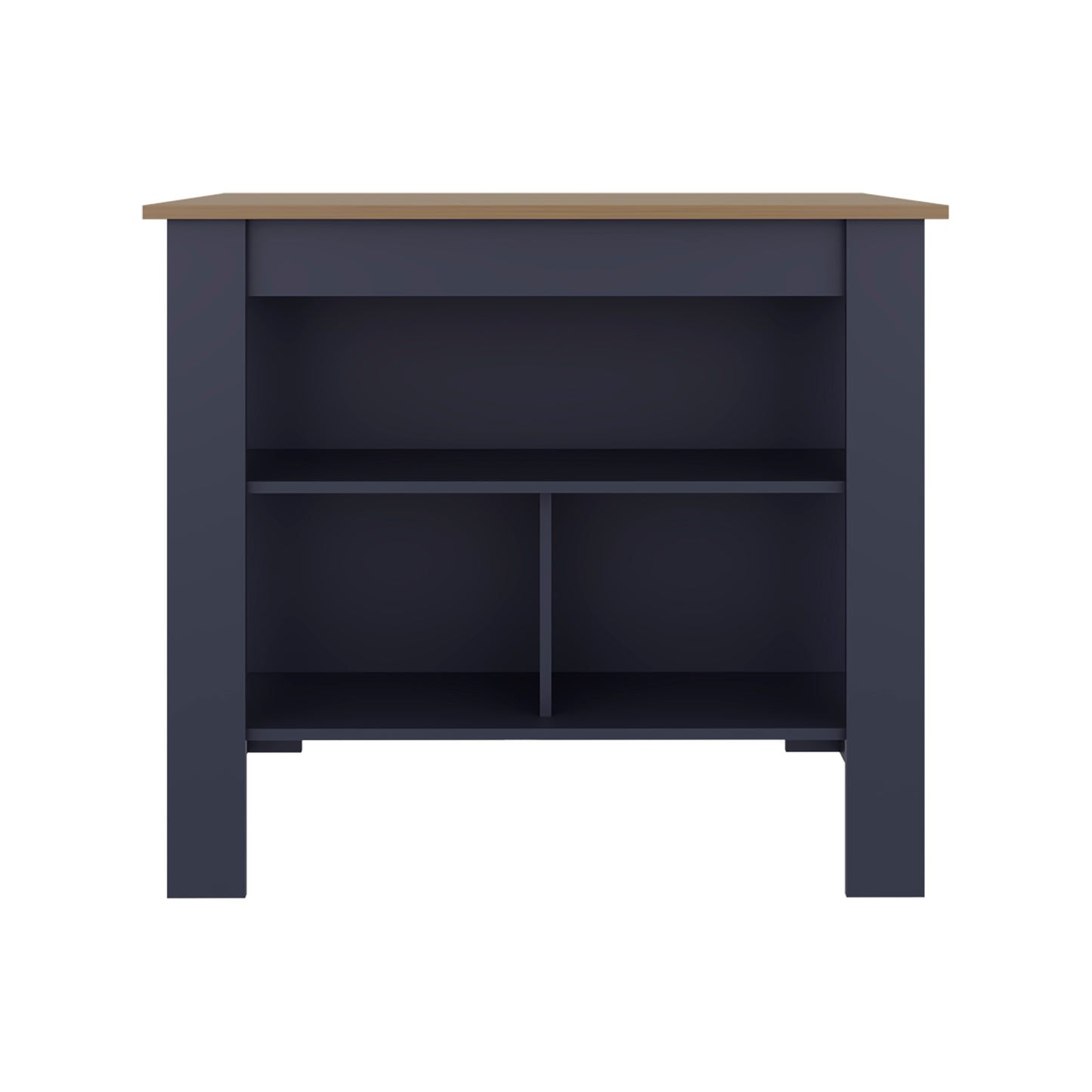 Cala Kitchen Island, Three Open Shelves, One Top Shelf, Four Legs, Modern Kitchen Decor And Organizer, Natural Oak, Blue