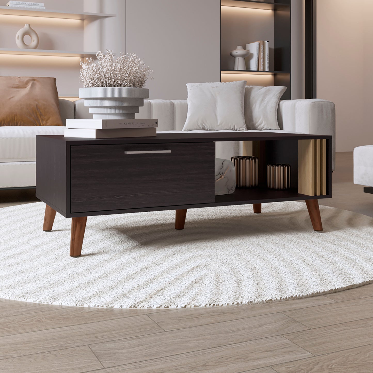 Vance 47" Wide Coffee Table with One Open Shelf and One pull Down Cabinet Door, Living Room, Storage Black Wengue and NAtual Oak