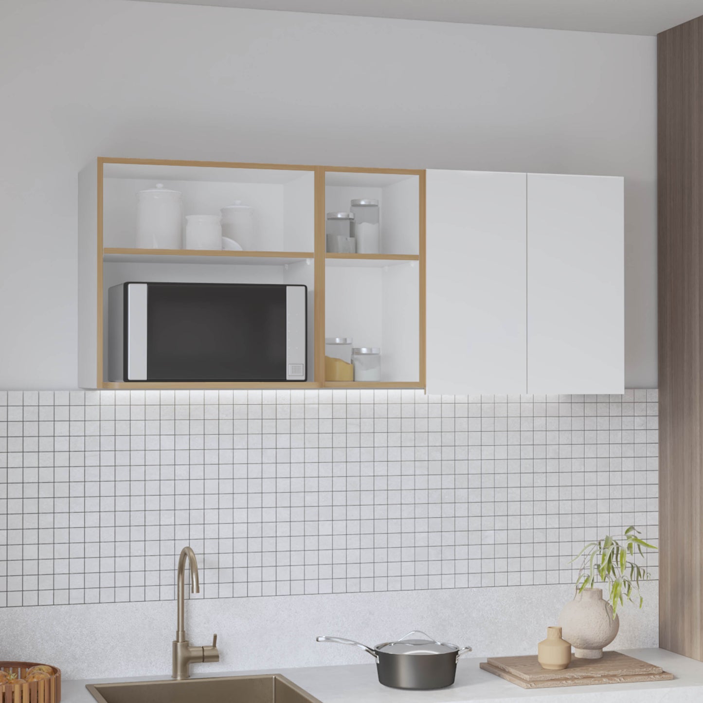 Corinto 59" Wide Two - Door Wall Cabinet with Four Shelves, Drying Rack Dish for Kitchen, Garage, Laundry Room White - Natural Oak