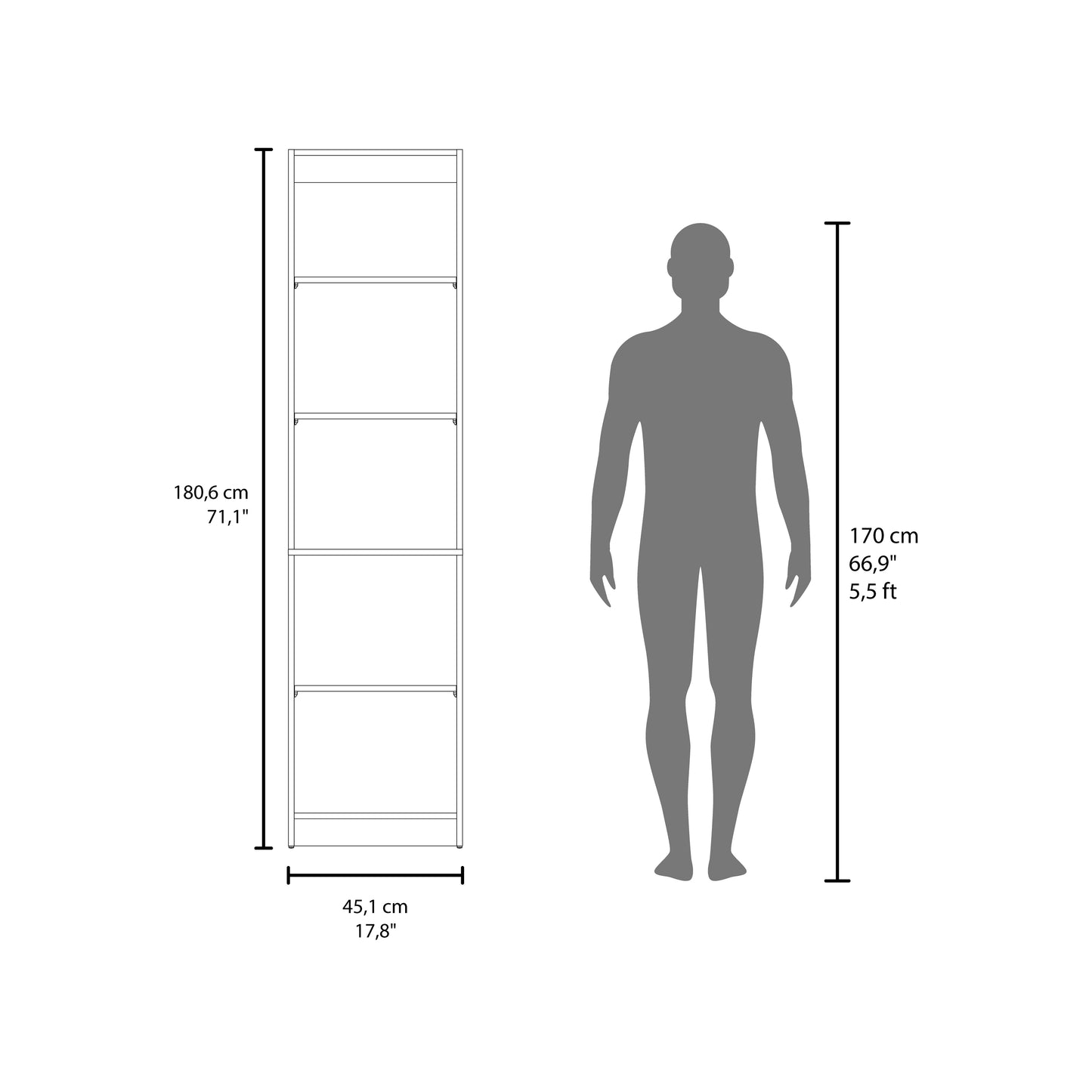Home Slim 5 Shelves Narrow Bookcase - Walnut Finish for Living Room