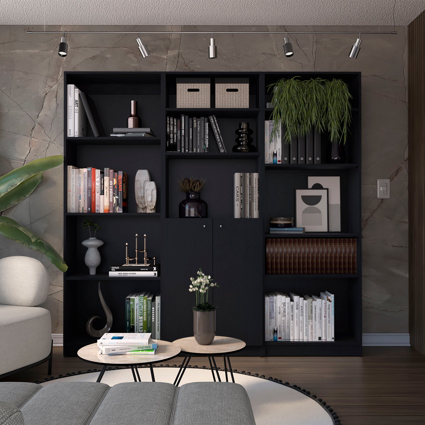 Aynor 3 Piece Home Bookcase set, 74" Wide with 12 Shelves and Two-Door Cabinet , Living Room Set Set Black