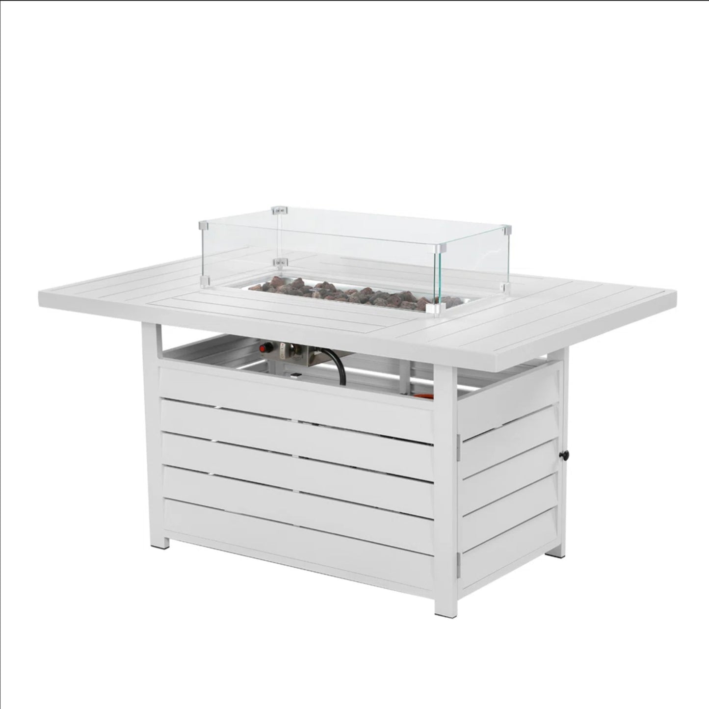 54.3 Inches Outdoor Patio White Aluminum Fire Pit Table, 50000 BTU CSA Certified Propane Gas Fire Pit, Rectangular Fire Table w/Stainless Burner, Lava Rock, Waterproof Cover