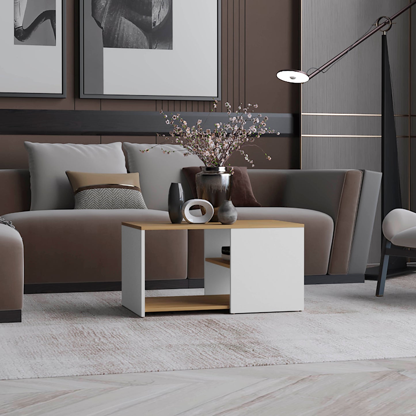 Coffee Table, 2 Shelves, White / Natural Oak