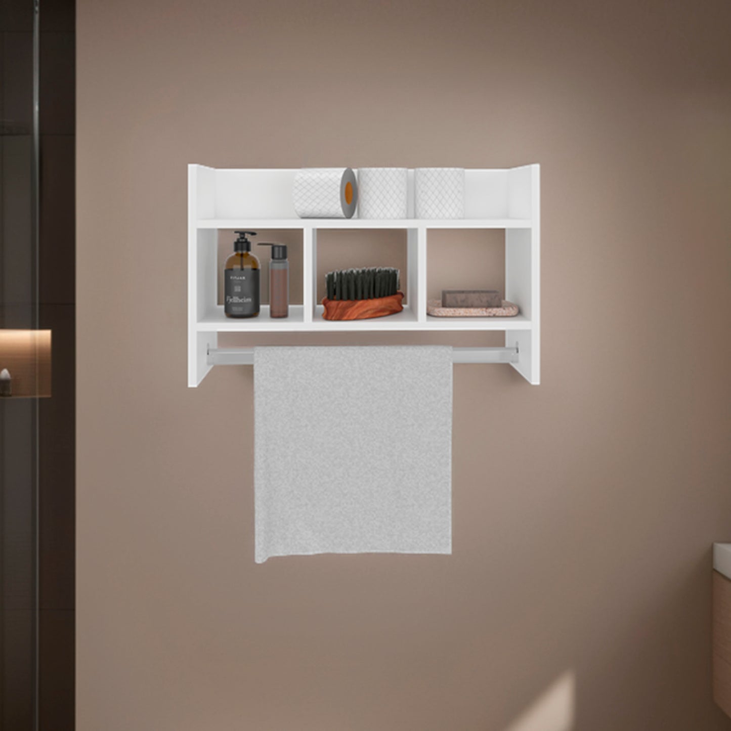 Dell Wall Shelf with Towel Bar 15.7" H, 4 Shelves, White - Bathroom