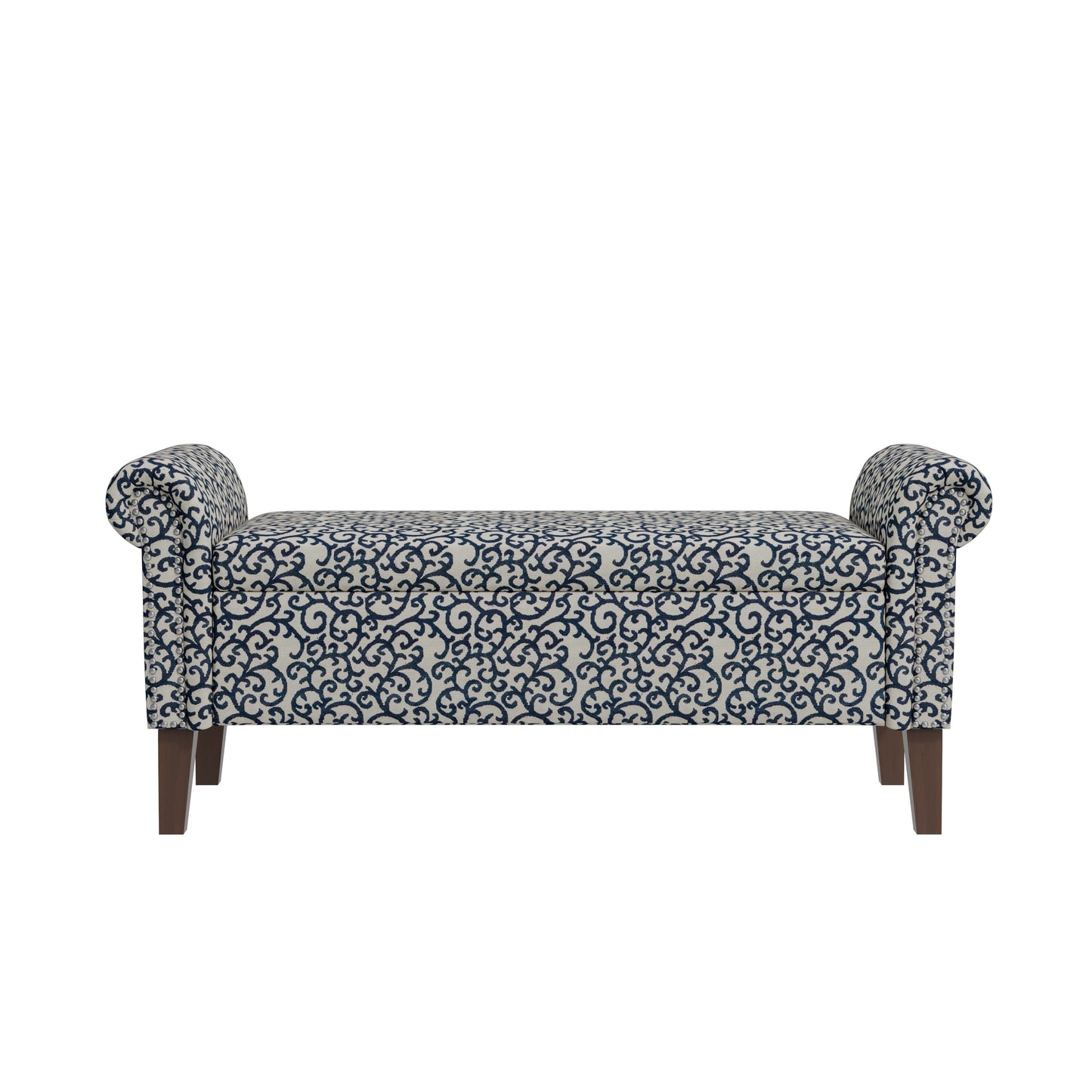 Wallen Traditional Rolled Arm Storage Bench Ottoman with Pewter Nailhead Trim in Black Curly Vine Pattern with Dark Brown Solid Wood Legs