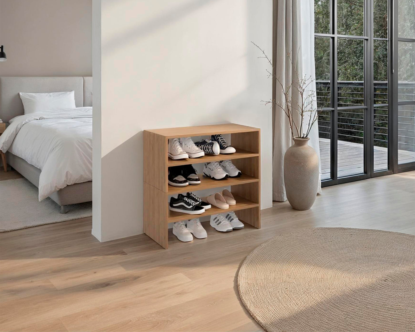 FM FURNITURE Orion Modern Shoe Rack Functional Design for Bedroom and Entryway, Natural Oak