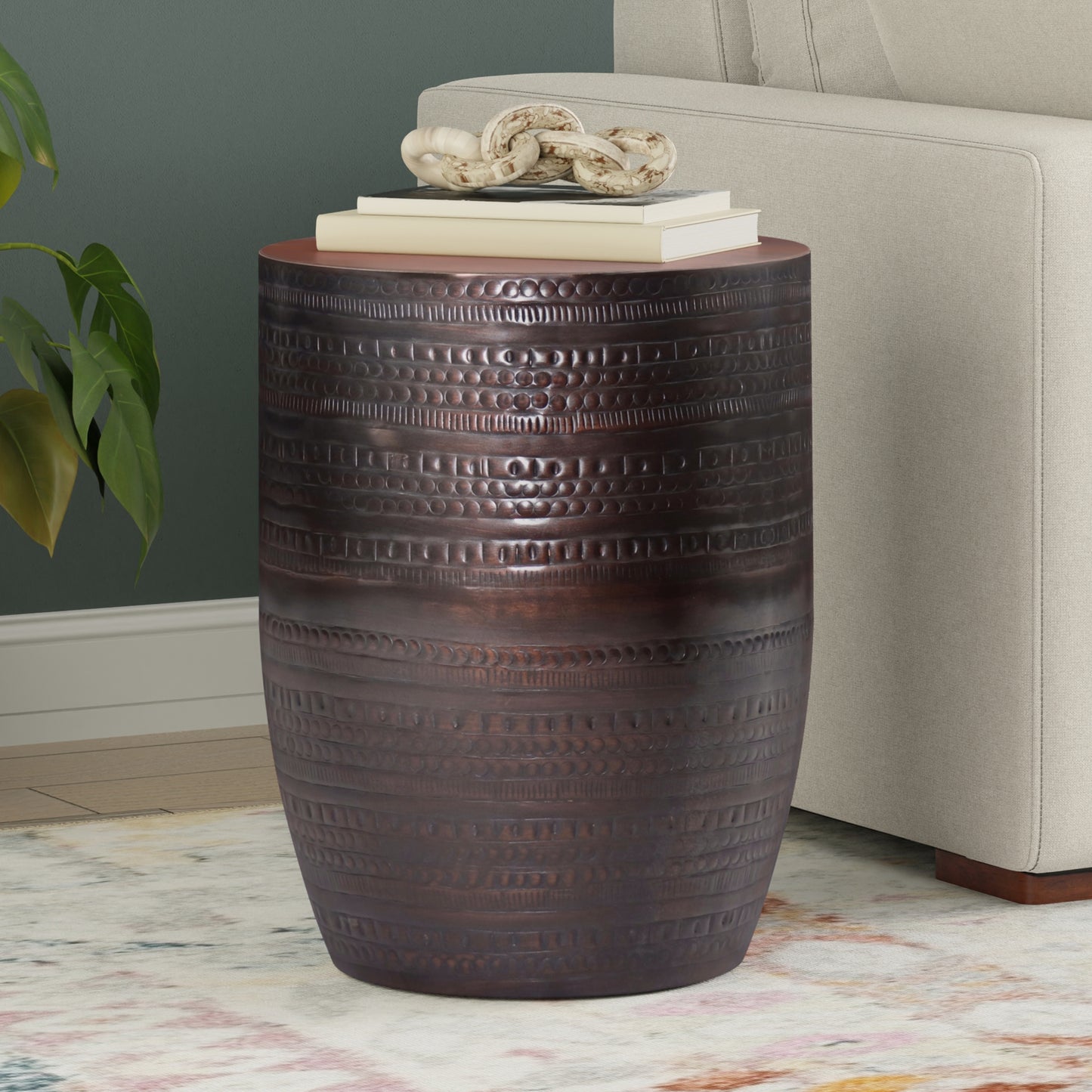 Johnsen 15 inch Wide Tribal Pattern Metal Accent Table in Oil Rubbed Bronze