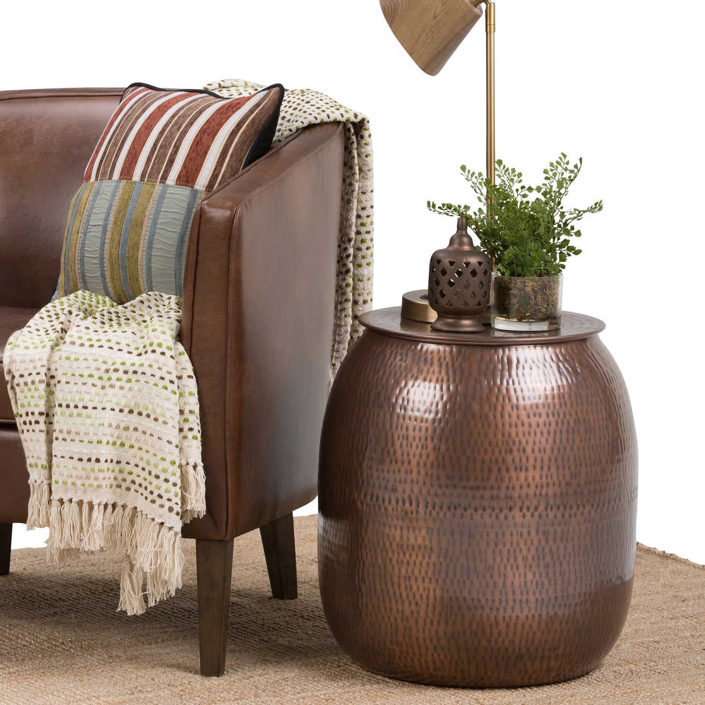 Bronze Metal Storage End Table - 18.5" Drum Shape for Living Room