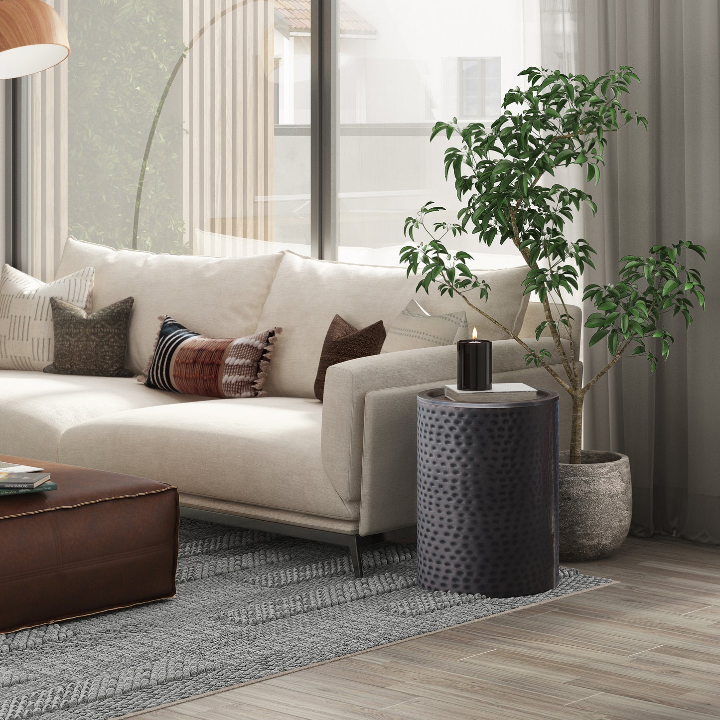 16 Inch Round Metal Accent Table - Black Hammered Copper Finish for Living Room