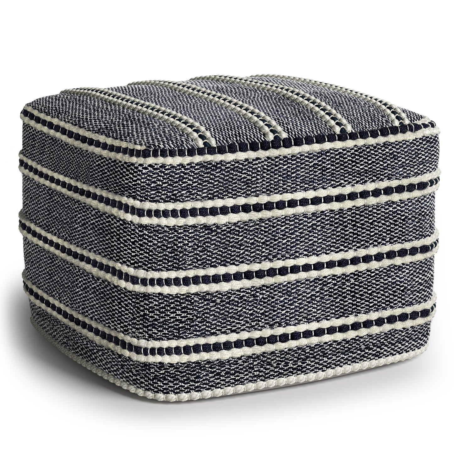 Corrie 18 inch Wide Square Pouf in Navy and White Woven PET Polyester