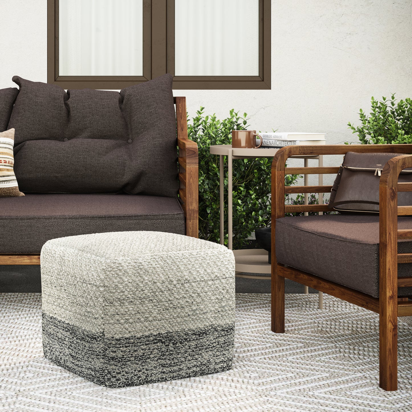 Grey & White Fabric Square Pouf - 18" D x 18" W for Living Room