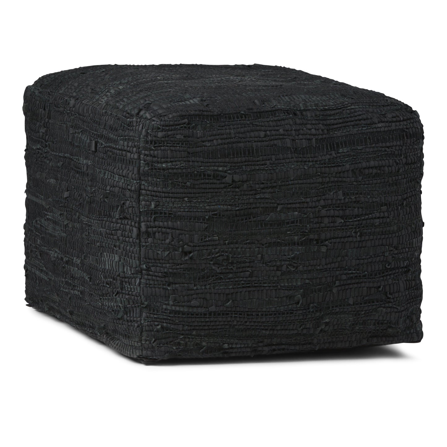 Fredrik 18 inch Wide Square Pouf in Black Woven Genuine Leather