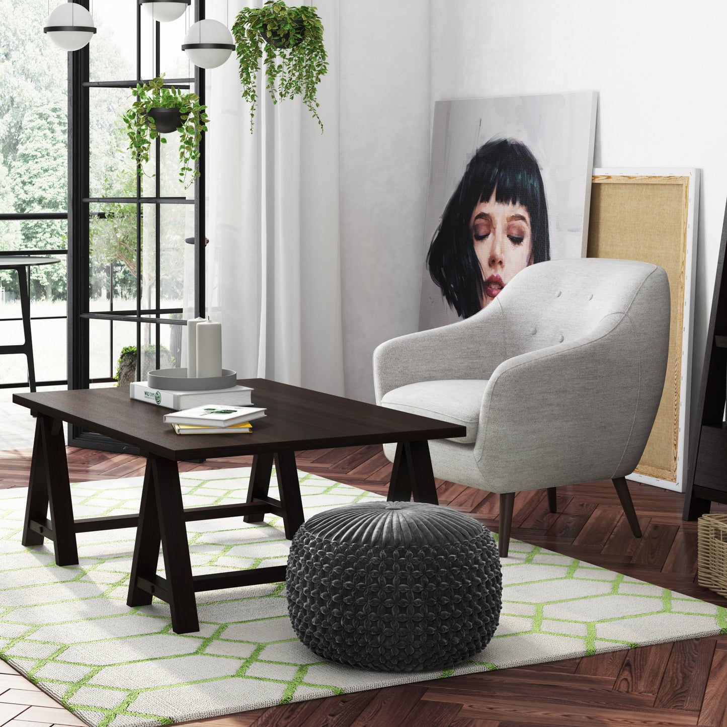 Dark Gray Velvet Round Pouf for Cozy Living Room Seating