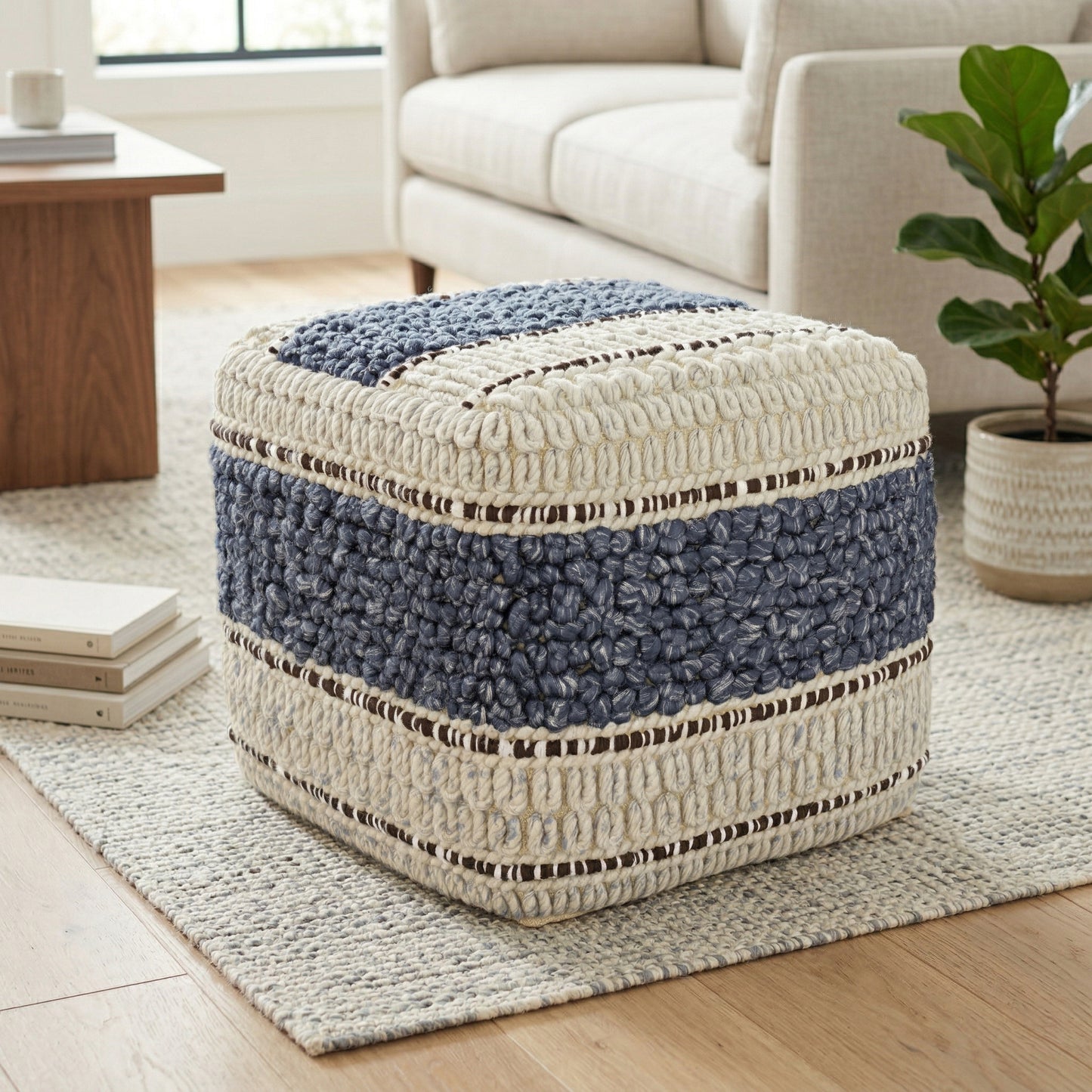 Grady 18 inch Wide Square Pouf in Blue and Natural Handloom Wool and Cotton