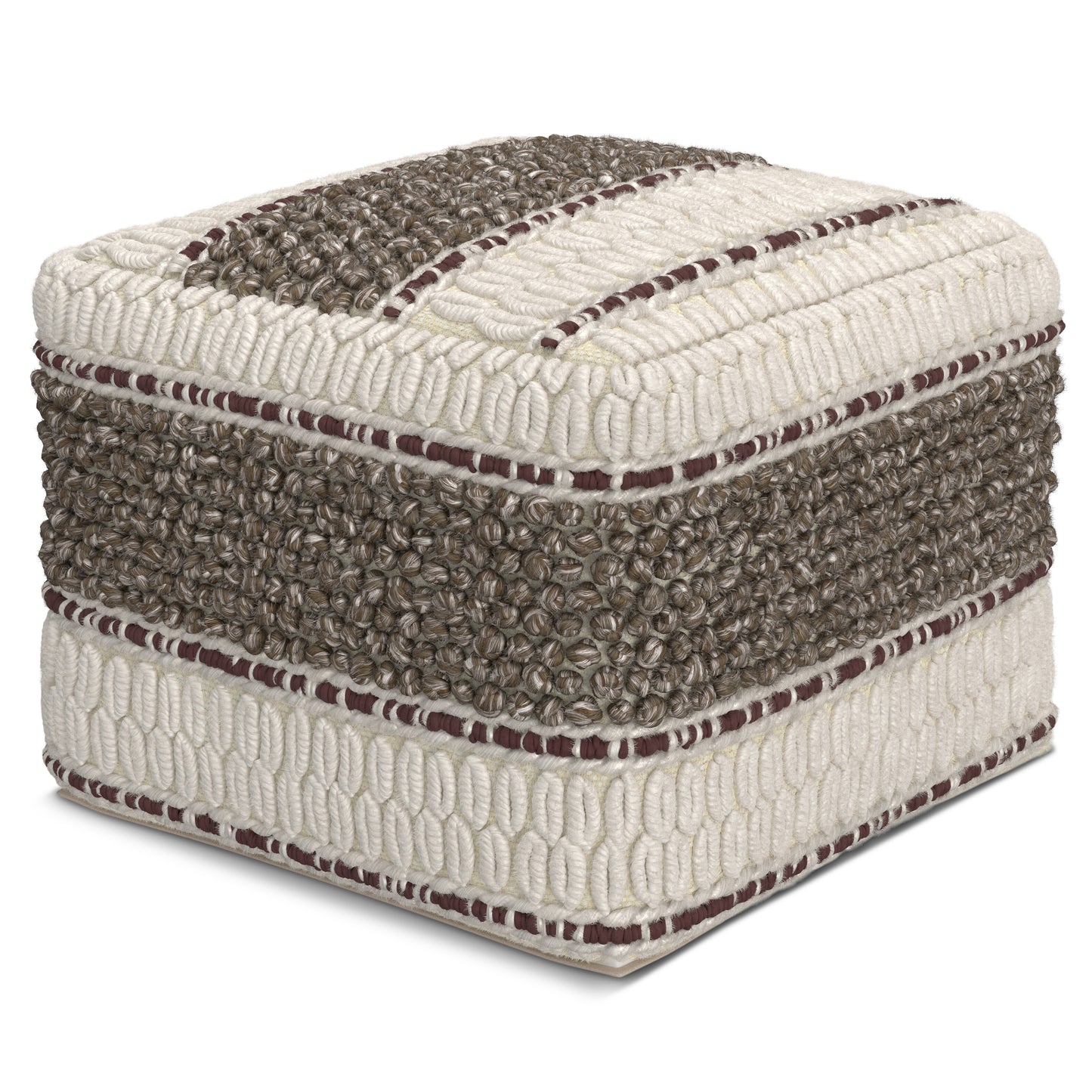 Grady 18 inch Wide Square Pouf in Earth Tone Brown Handloom Wool and Cotton